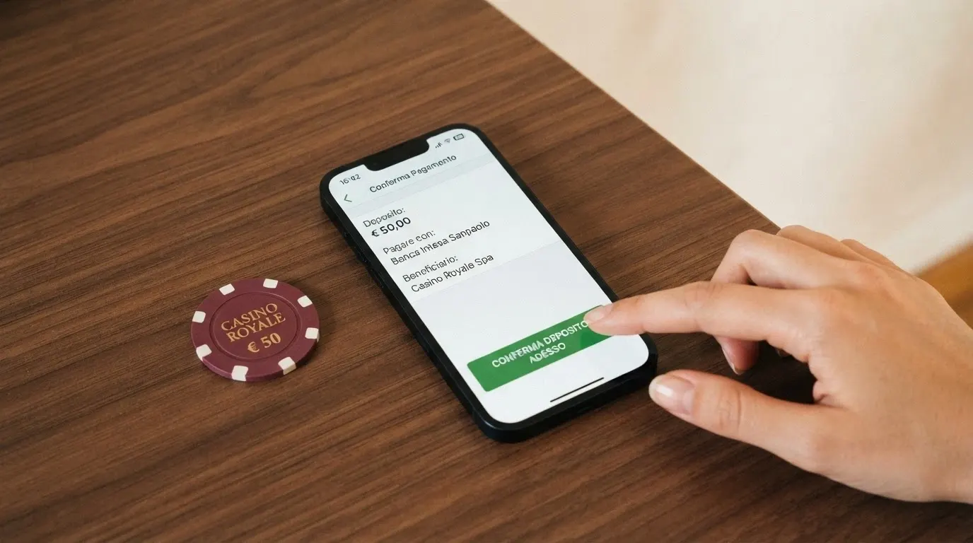Sequenza semplificata dei passaggi del deposito con Trustly: autenticazione bancaria, selezione dell'importo, conferma immediata