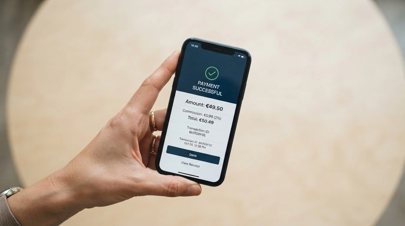 Schema a tre passaggi del flusso di un deposito con MuchBetter: dall'app MuchBetter con il saldo disponibile, alla schermata di conferma della transazione, al conto gioco del casinò con l'importo accreditato — con l'indicazione «−2% commissione gaming» visibile nel passaggio intermedio