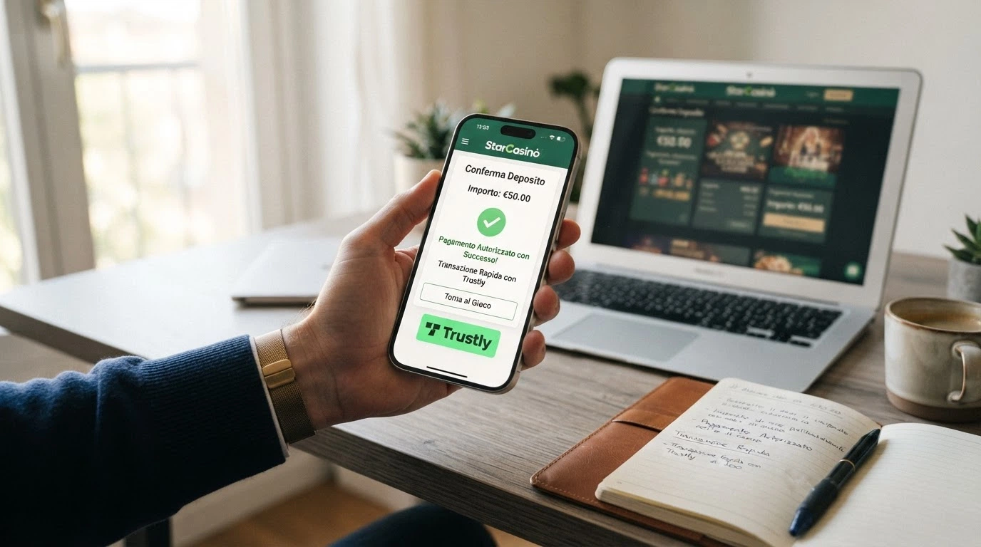Schema del flusso di un pagamento con Trustly: dal conto bancario del giocatore al casinò e ritorno, con l'indicazione dei tempi medi di deposito e prelievo