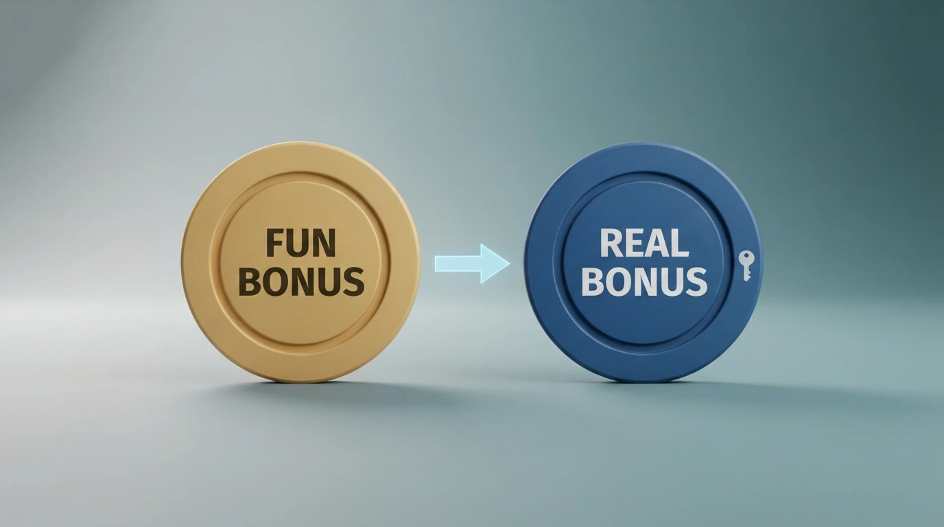 Schema visivo con due colonne: a sinistra «Fun Bonus» con icona di un lucchetto, a destra «Real Bonus» con icona di una chiave, freccia di conversione tra le due