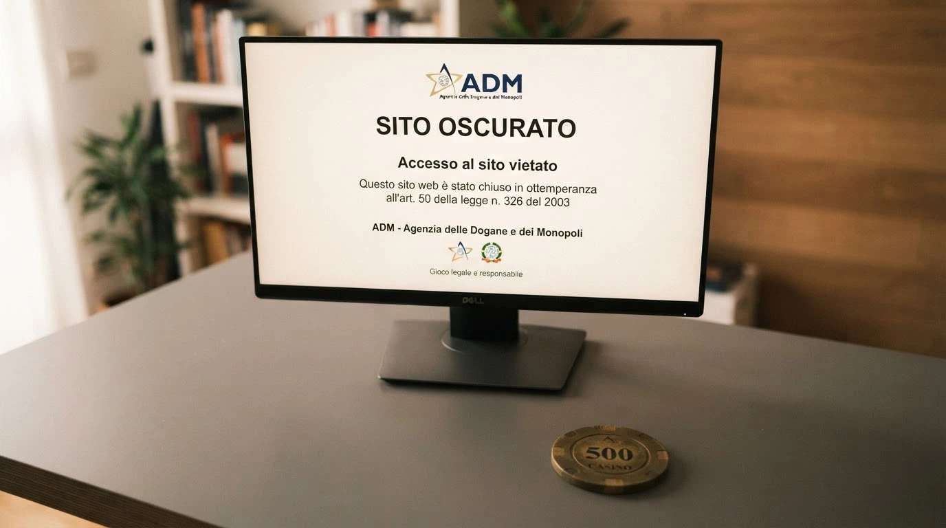 Un segnale di divieto sovrapposto alla schermata bloccata di un sito di casinò non autorizzato, con il messaggio di blocco DNS dell'ADM visibile