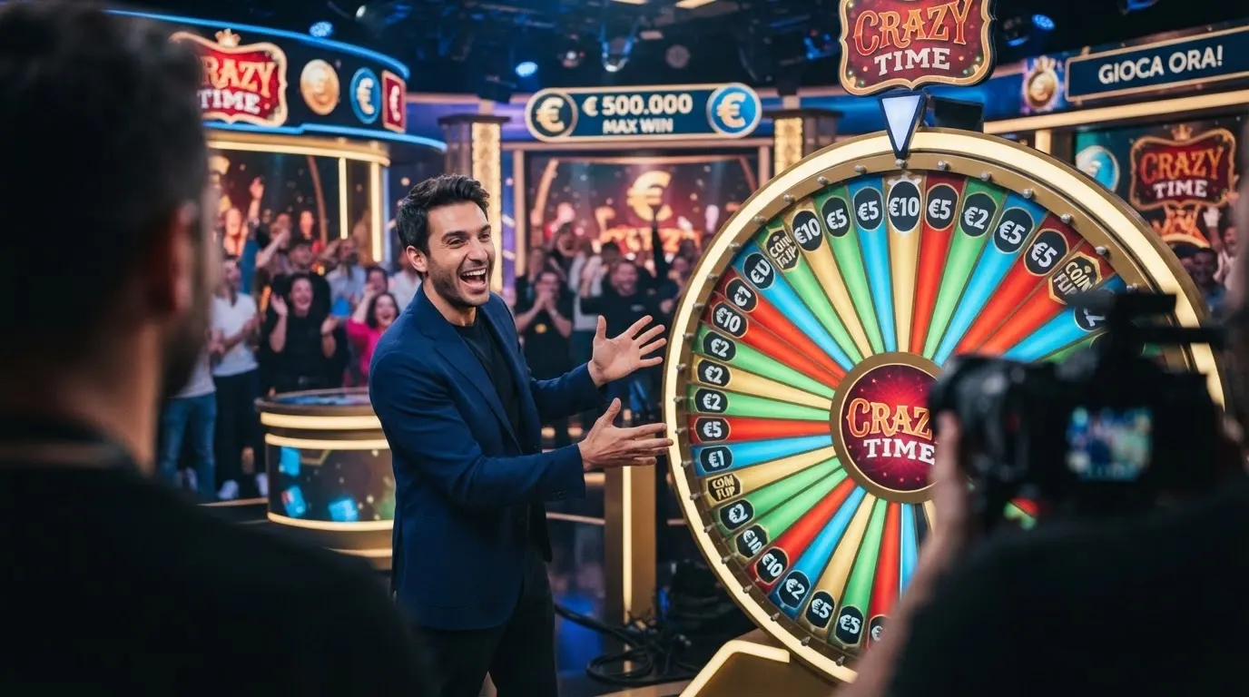 L'interfaccia del game show Crazy Time di Evolution: la ruota della fortuna con i segmenti colorati e i quattro round bonus laterali