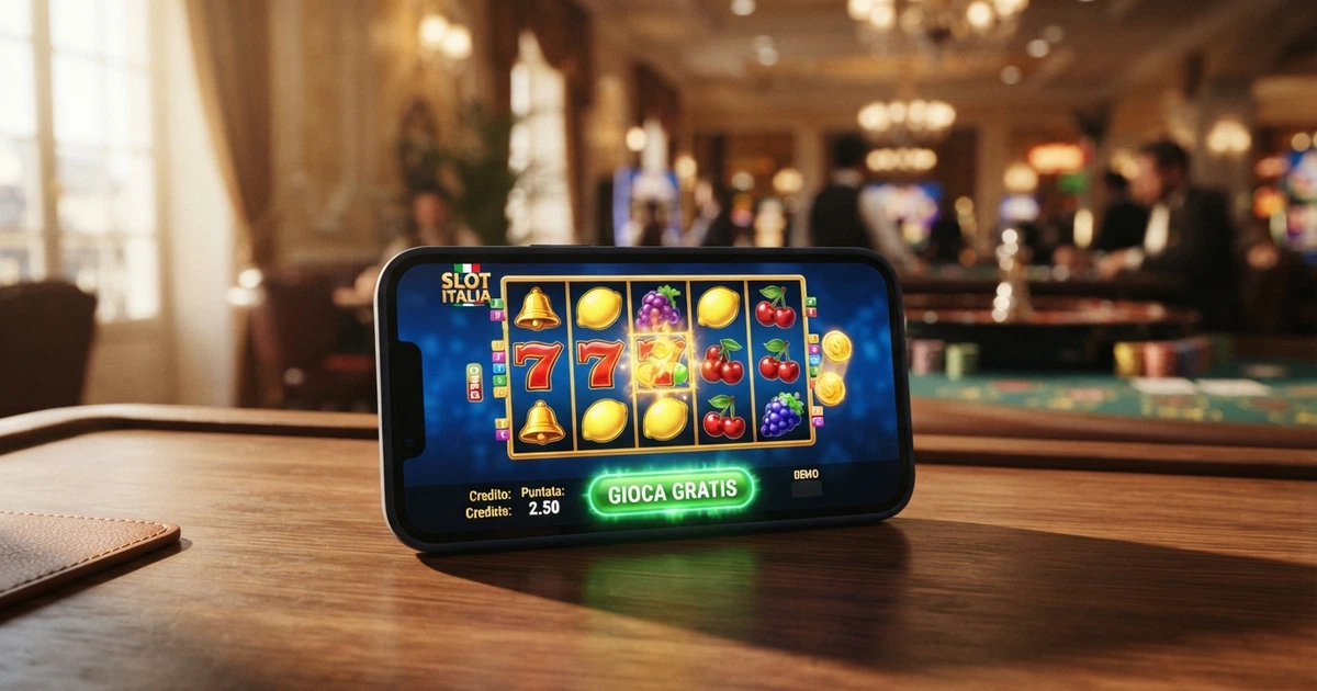 Una schermata di una slot machine online con rulli colorati, simboli frutta e il pulsante «gioca gratis» visibile sullo schermo