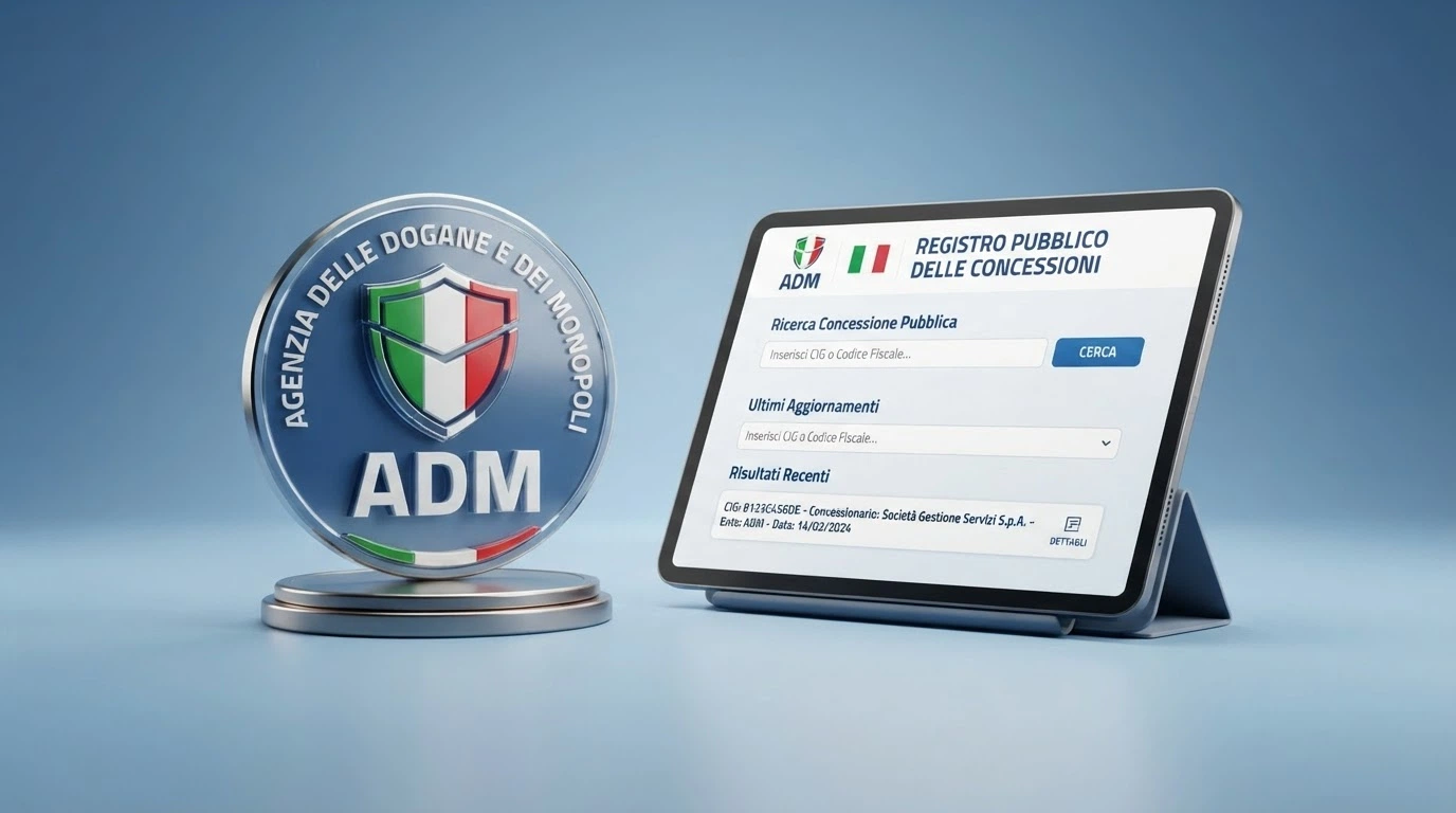 Il logo dell'Agenzia delle Dogane e dei Monopoli accanto alla schermata del registro pubblico delle concessioni