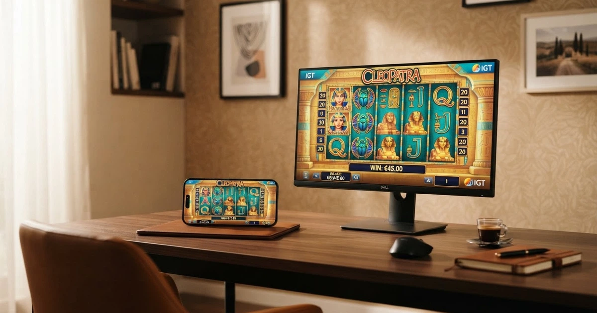 Un casinò online con slot machine IGT su schermo desktop e mobile, con il logo IGT visibile nell'interfaccia di gioco