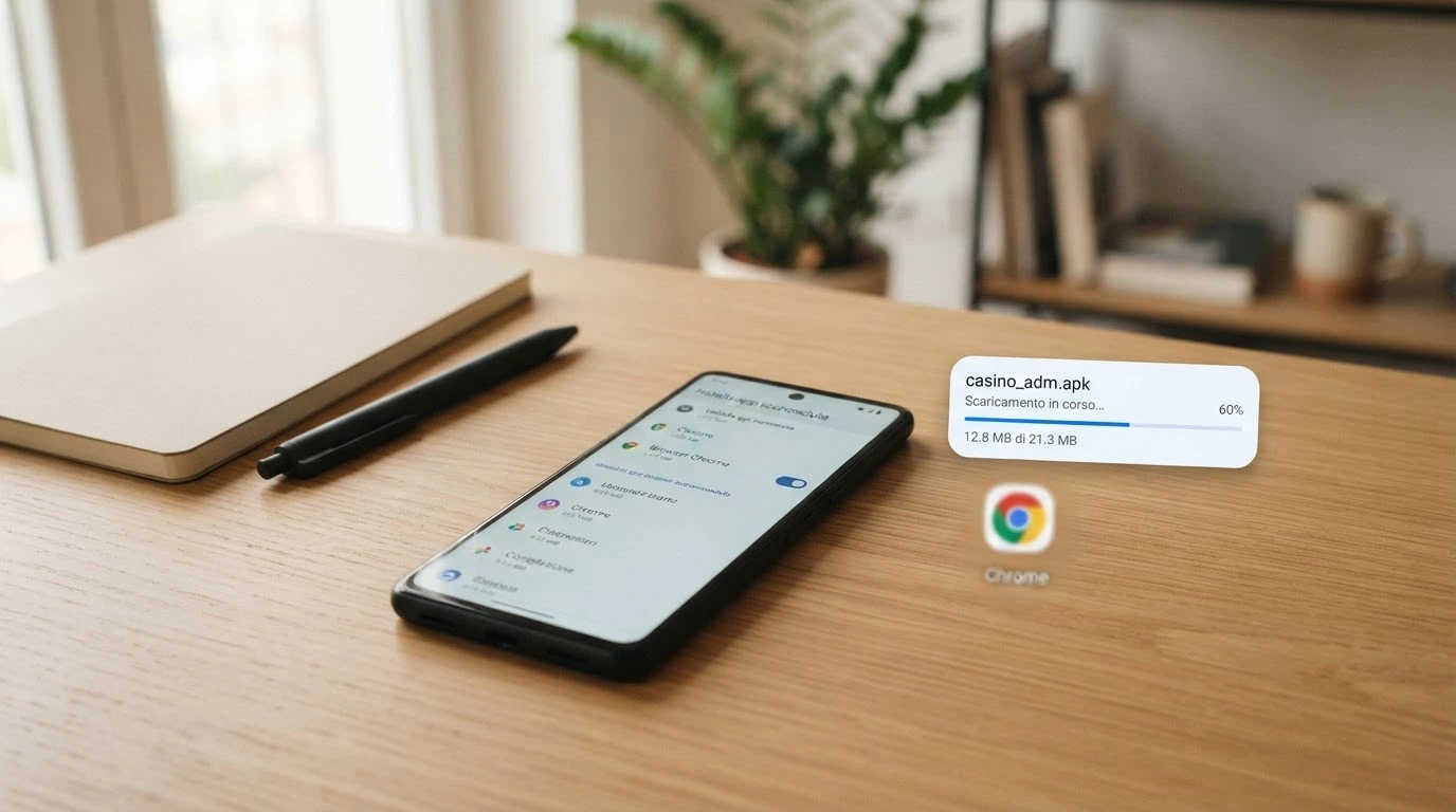 La schermata delle impostazioni di Android con il toggle «Installa app sconosciute» attivo, accanto all'icona di un file APK casinò in fase di installazione