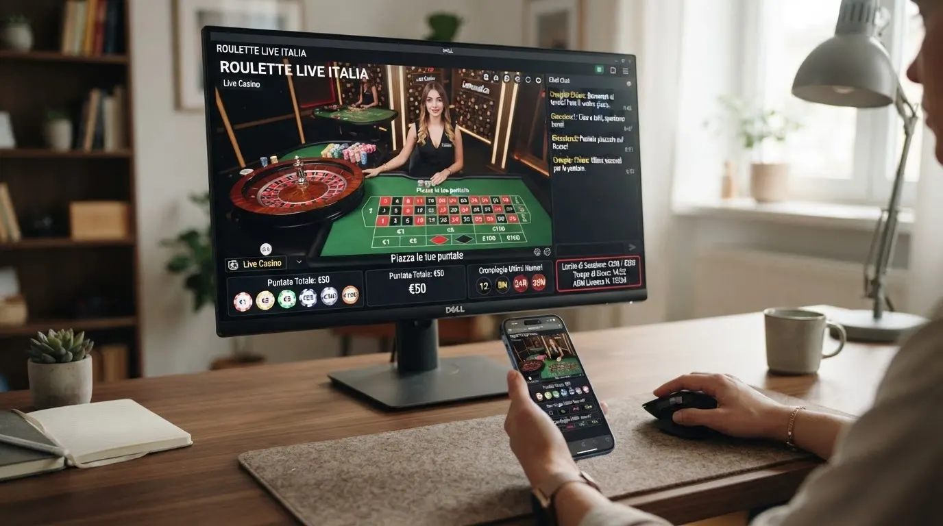 L'interfaccia di un casinò live con licenza ADM su schermo desktop: tavolo da gioco in streaming, chat del croupier, storico delle puntate e pannello dei limiti