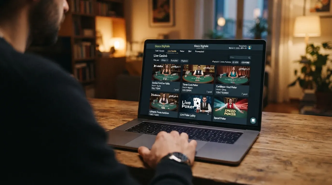 La lobby di una piattaforma di poker da casinò online in italiano, con anteprime dei tavoli live e varianti disponibili