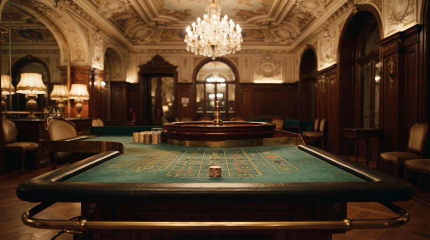Una sala da gioco del Casinò di Sanremo con arredi in stile Liberty Decò, tavoli da gioco e lampadari d'epoca