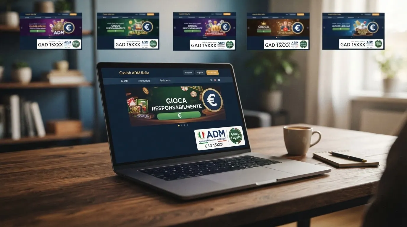 Il logo ADM accanto a una selezione di homepage di casinò online con concessione italiana, con il timbro «Concessionario ADM» in evidenza su ciascuna