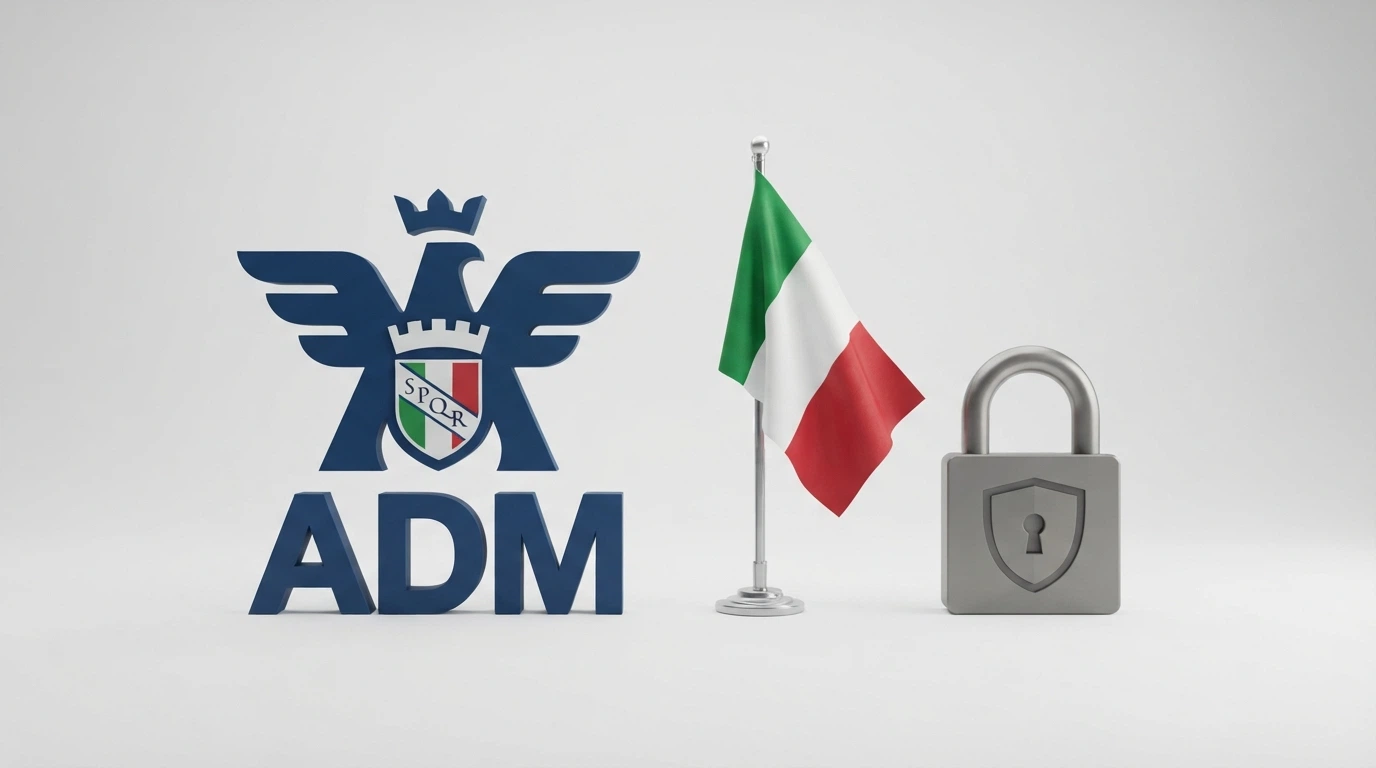 Il logo ufficiale dell'Agenzia delle Dogane e dei Monopoli accanto alla bandiera italiana e al simbolo del lucchetto, su sfondo bianco istituzionale