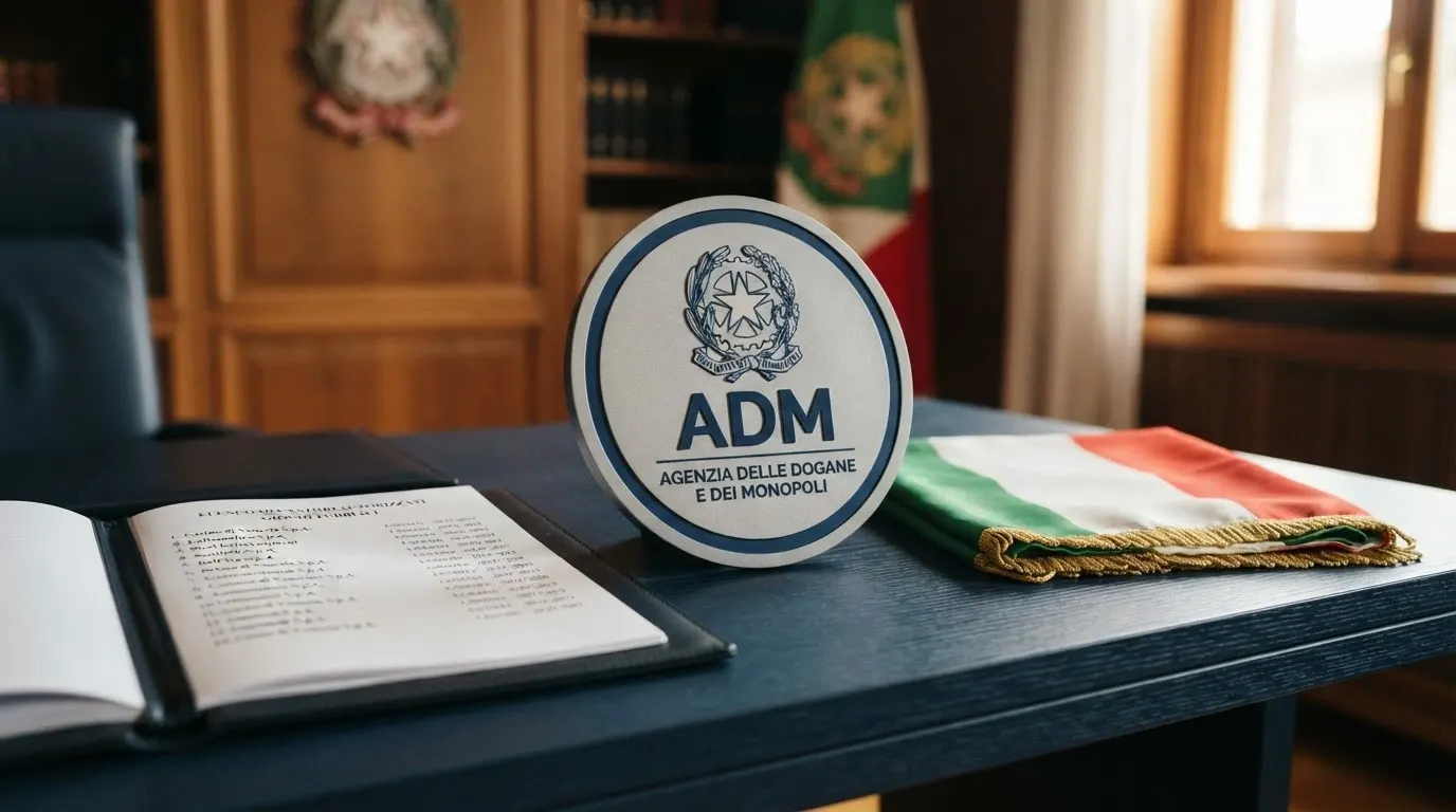 Il logo ufficiale ADM (Agenzia delle Dogane e dei Monopoli) affiancato alla bandiera italiana e al simbolo di un lucchetto aperto, su sfondo istituzionale blu scuro