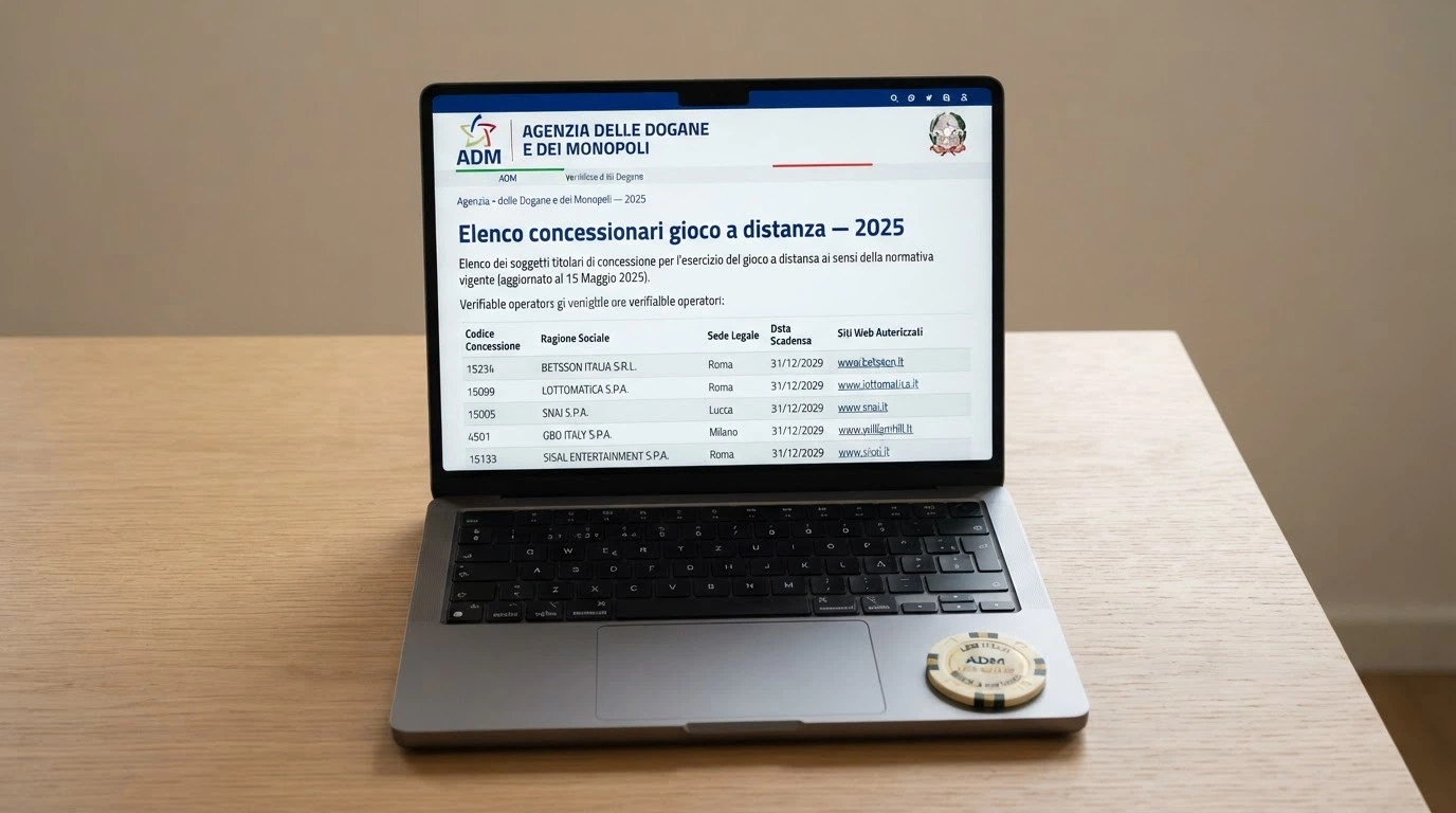 Il logo ufficiale dell'Agenzia delle Dogane e dei Monopoli accanto alla dicitura «Elenco concessionari gioco a distanza — 2025»