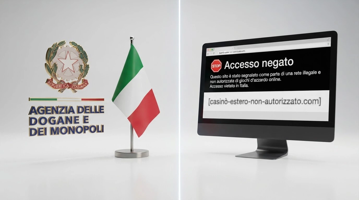 Un'illustrazione concettuale: da un lato il logo ADM e la bandiera italiana, dall'altro un avviso di blocco DNS su uno schermo con il dominio di un casinò offshore oscurato.