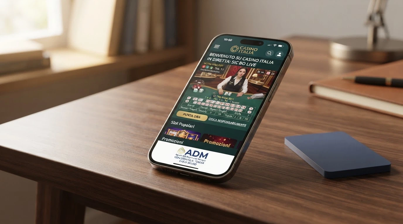 Il logo dell'ADM accanto alla schermata di un casinò online italiano con il numero di concessione visibile nel footer