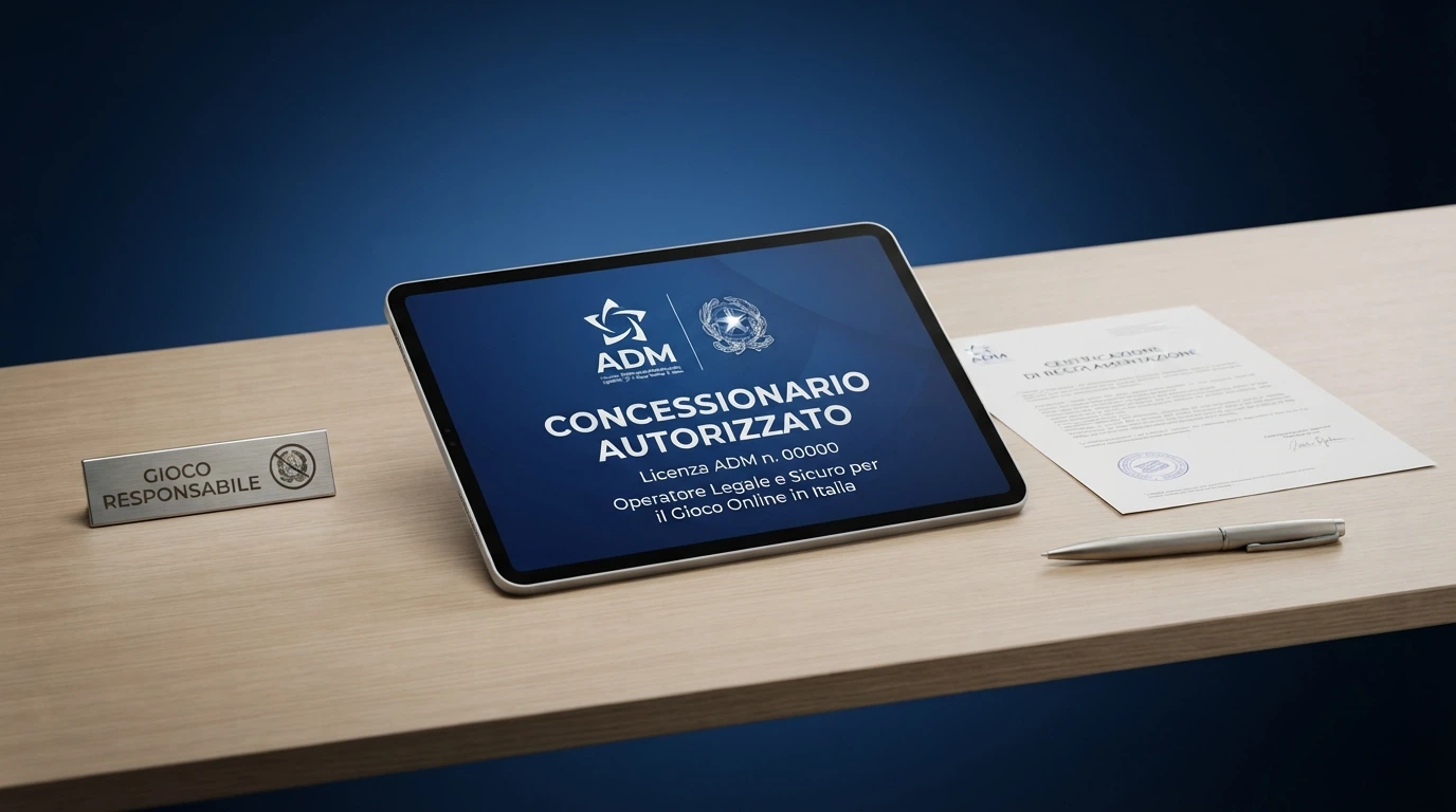 Il logo dell'Agenzia delle Dogane e dei Monopoli accanto alla dicitura «concessionario autorizzato», su uno schermo di casinò online