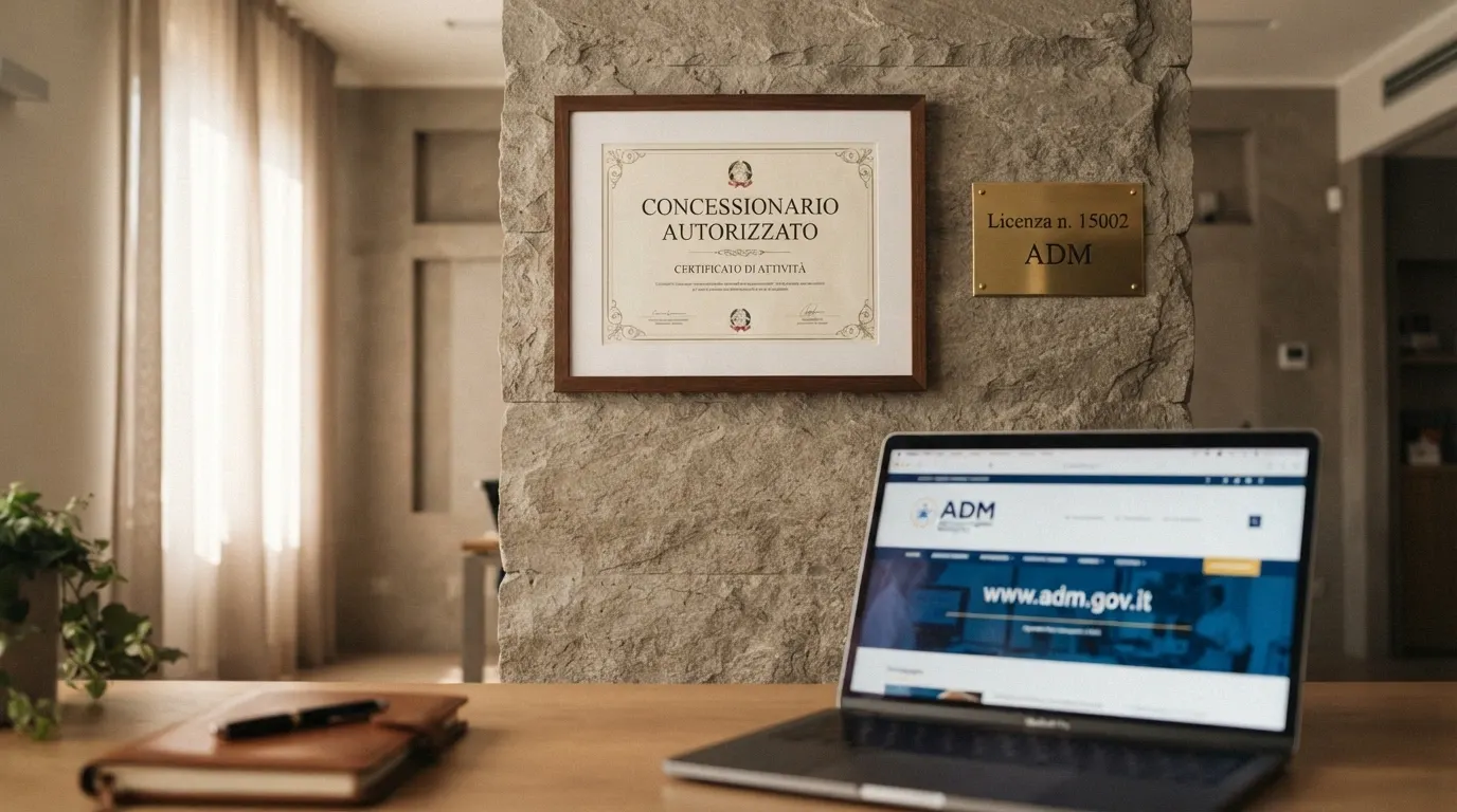 Il logo ufficiale dell'Agenzia delle Dogane e dei Monopoli accanto alla dicitura «concessionario autorizzato» e al simbolo del lucchetto di sicurezza