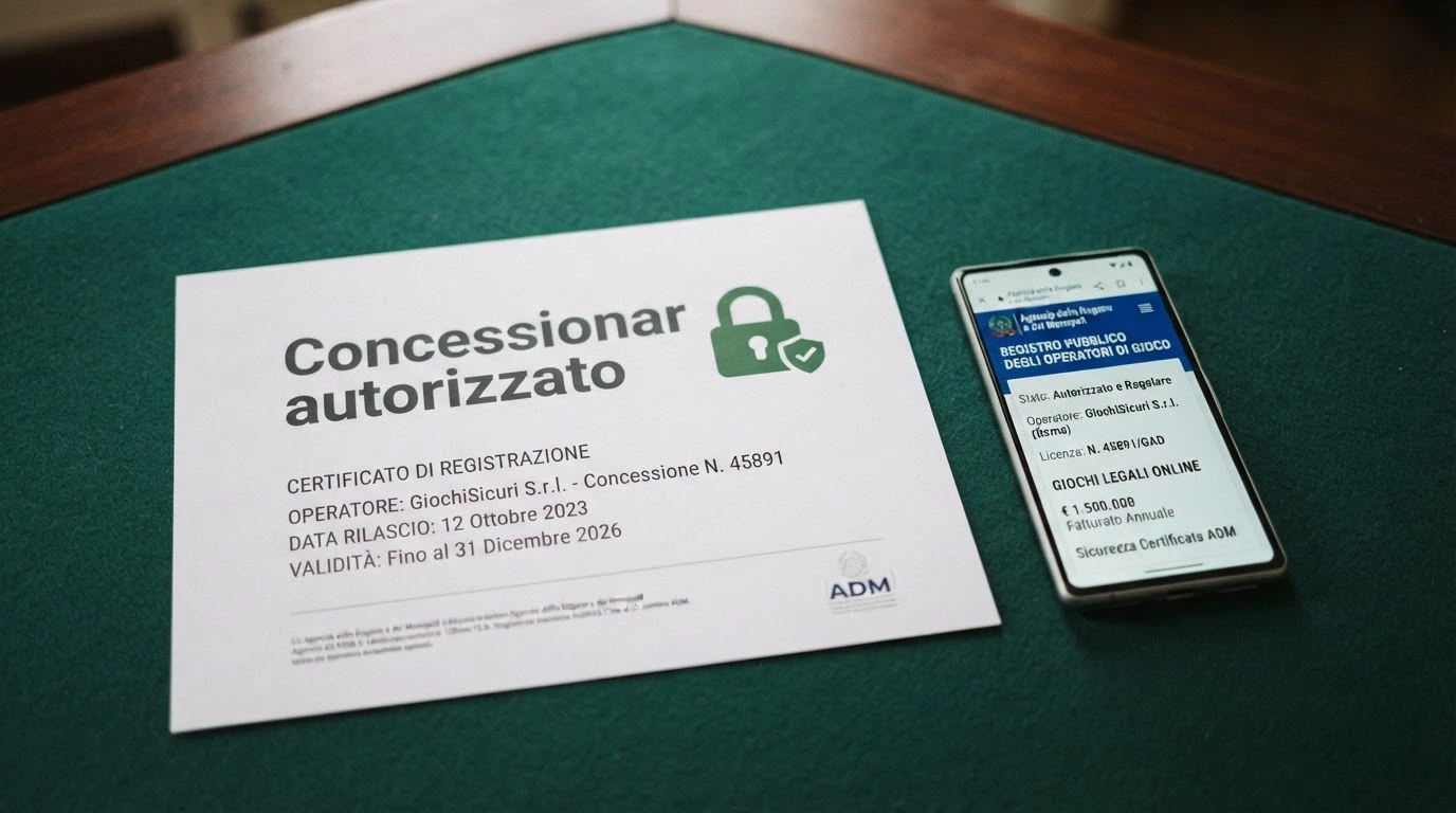 Il logo dell'Agenzia delle Dogane e dei Monopoli su sfondo bianco accanto alla scritta «Concessionario autorizzato» e un lucchetto verde