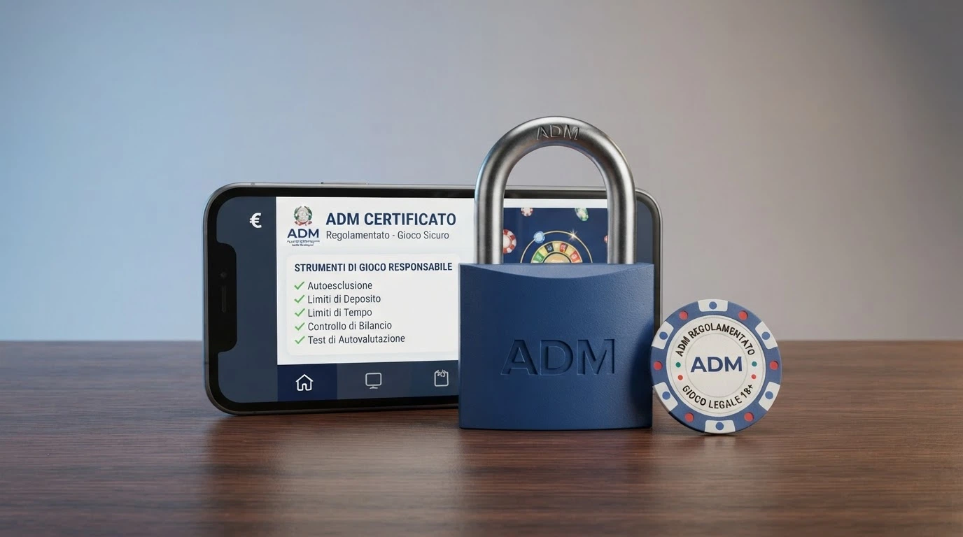 Pagina del registro ADM ufficiale su schermo di computer con il dettaglio di una concessione, affiancata dall'icona del lucchetto SSL su smartphone