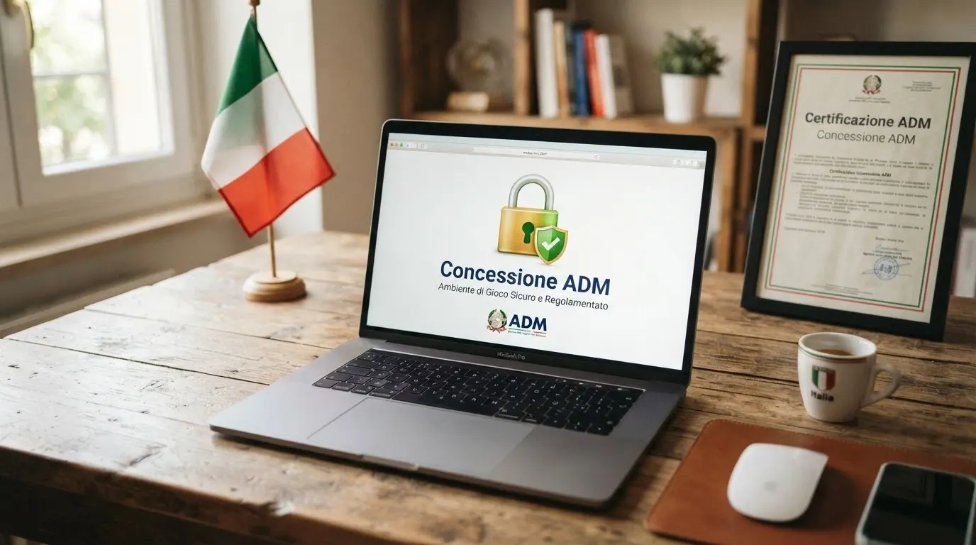 Primo piano del logo ADM accanto al simbolo del lucchetto di sicurezza su uno schermo, con la bandiera italiana ed europea sullo sfondo