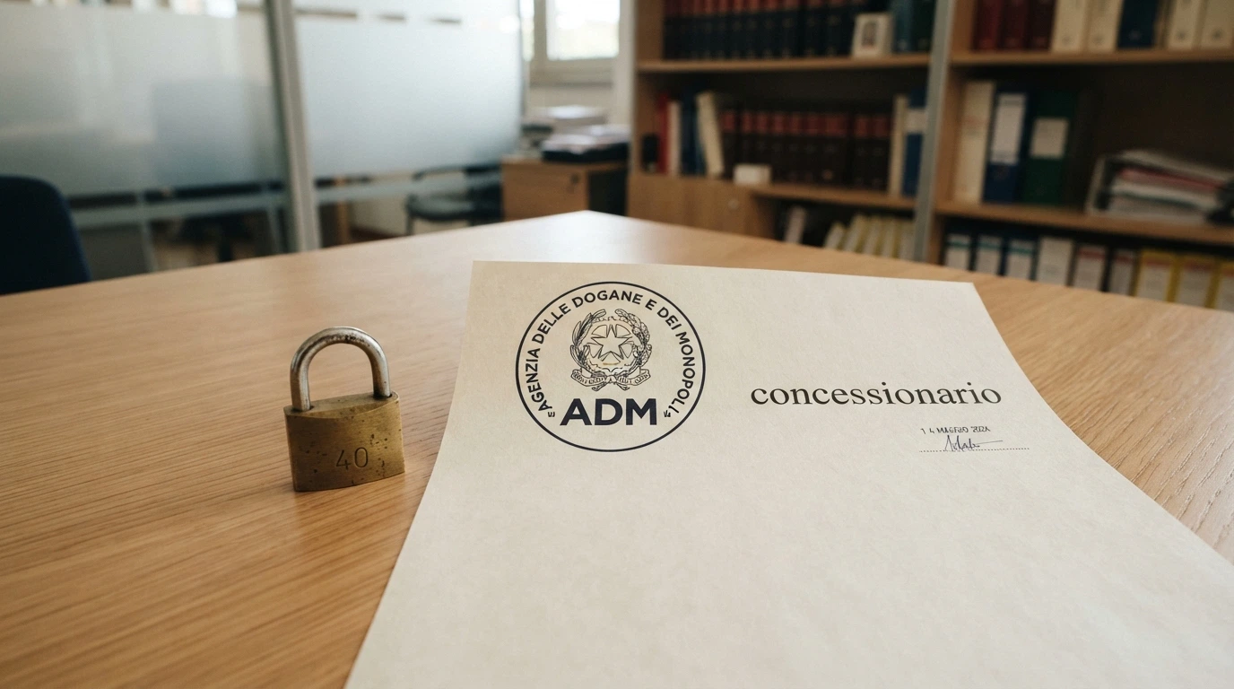 Un dettaglio del logo ADM accanto alla scritta «concessionario» su sfondo istituzionale, con un lucchetto stilizzato a sinistra