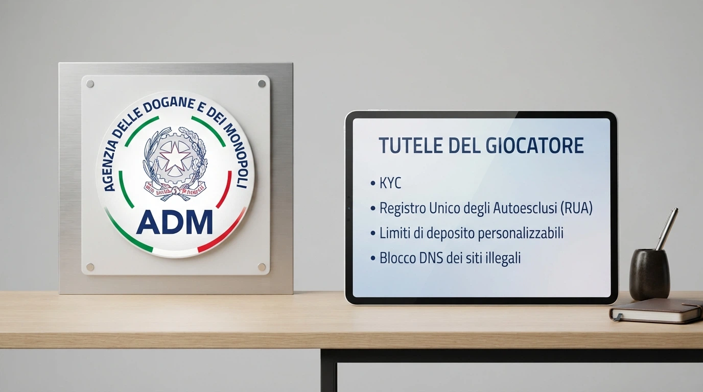 Il logo dell'Agenzia delle Dogane e dei Monopoli accanto a un elenco puntato delle tutele: KYC, RUA, limiti di deposito, blocco DNS dei siti illegali