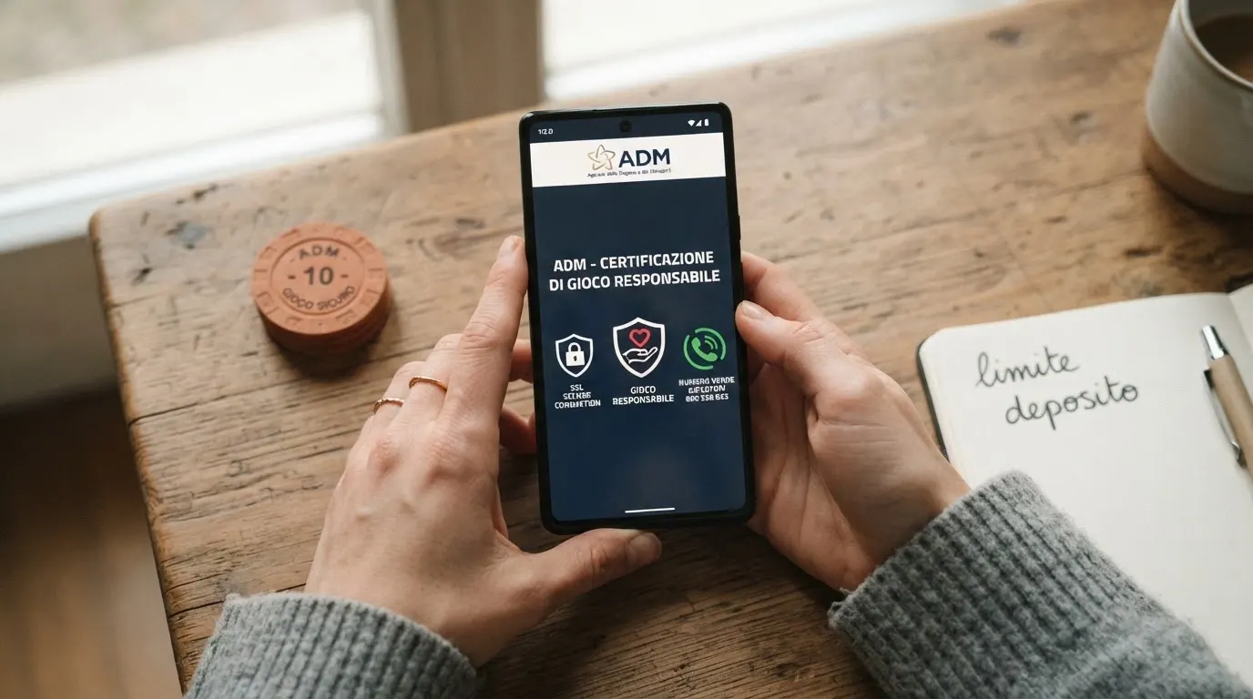 Un'illustrazione pulita del logo ADM accanto a icone che rappresentano il lucchetto SSL, lo scudo del gioco responsabile e il simbolo 800 558 822 del Telefono Verde