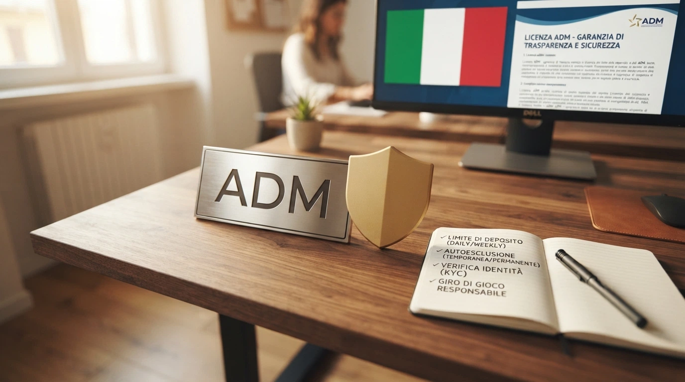 Il logo ufficiale ADM (Agenzia delle Dogane e dei Monopoli) accostato ai simboli della protezione del giocatore: scudo, limite di deposito, autoesclusione