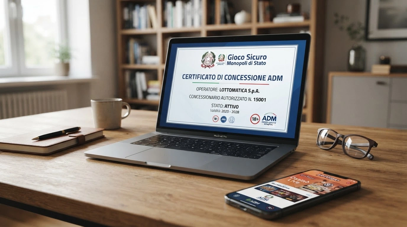 Un primo piano del logo ADM accanto alla dicitura «concessionario autorizzato» su un certificato digitale, con l'interfaccia di un casinò sullo sfondo