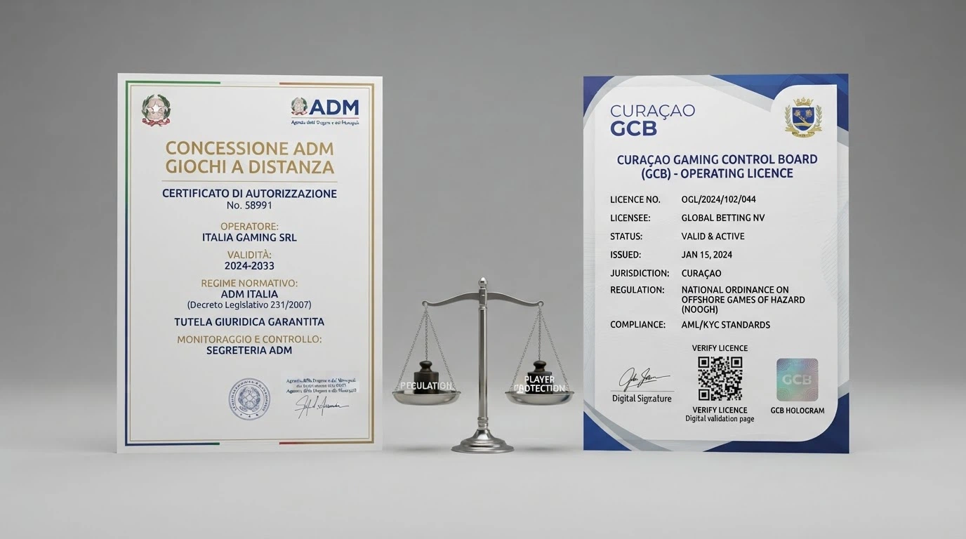 Due documenti di licenza affiancati: un decreto ADM italiano con il logo ufficiale e un certificato di licenza Curaçao, separati da una bilancia