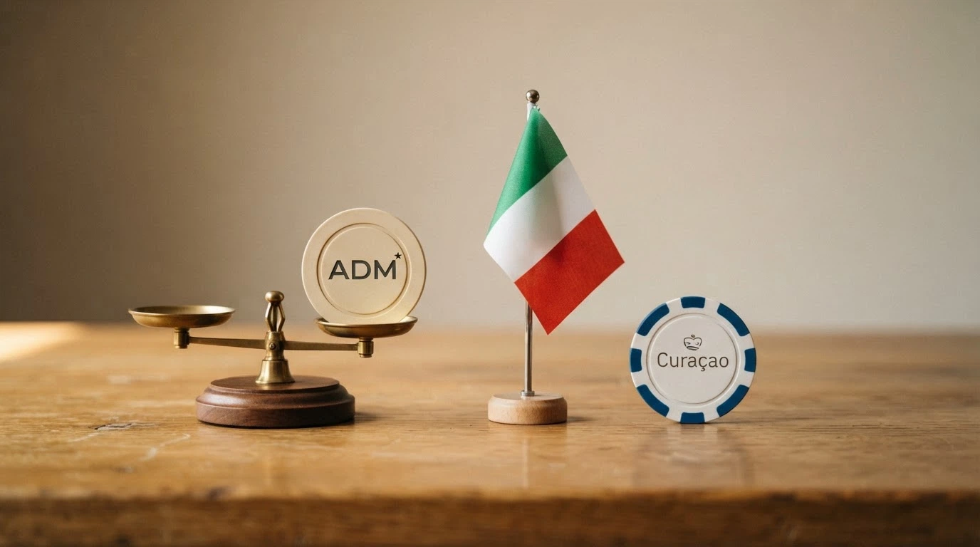 Una bilancia che contrappone il logo dell'ADM al logo di una licenza Curaçao, con una mappa dell'Italia sullo sfondo