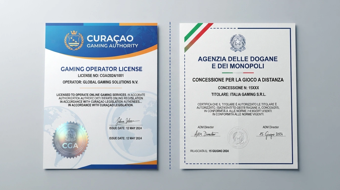 Un documento ufficiale con timbro ADM accanto a un certificato di licenza Curaçao, separati da una linea tratteggiata che rappresenta il confine tra gioco legale e non autorizzato in Italia.