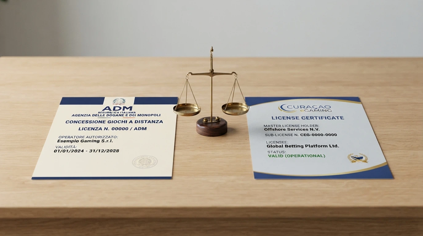 Due licenze affiancate: il logo dell'ADM italiano a sinistra e un certificato di licenza Curaçao eGaming a destra, con una bilancia al centro