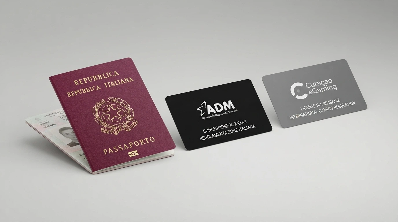 Un passaporto italiano aperto accanto al logo dell'ADM e al simbolo di una licenza di gioco estera