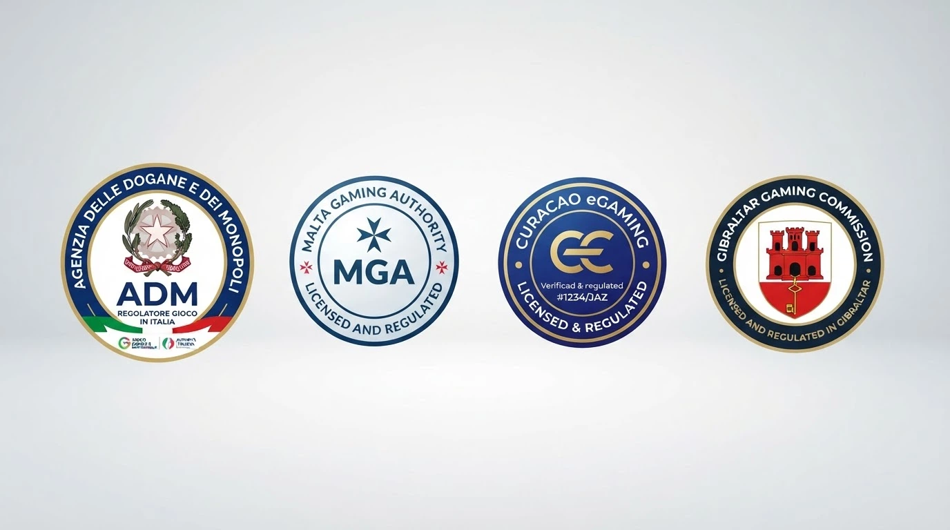 Un confronto visivo tra i sigilli ufficiali delle autorità di regolamentazione: ADM, MGA, Curacao eGaming e Gibraltar Gambling Commission