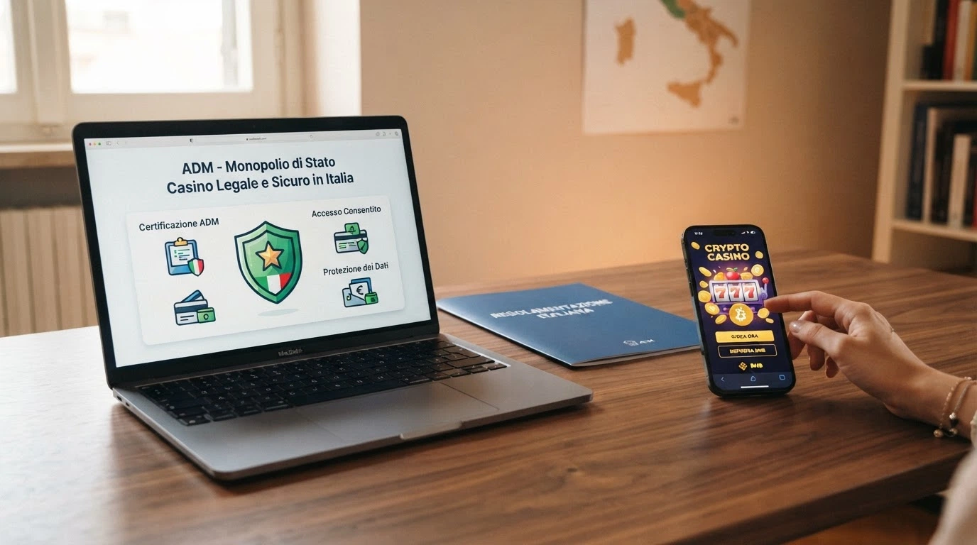 Mappa concettuale che separa visivamente i casino con concessione ADM (in una colonna, con icone di tutele: scudo, limite, documento) dai casino offshore con BNB (nell'altra colonna, senza tutele)