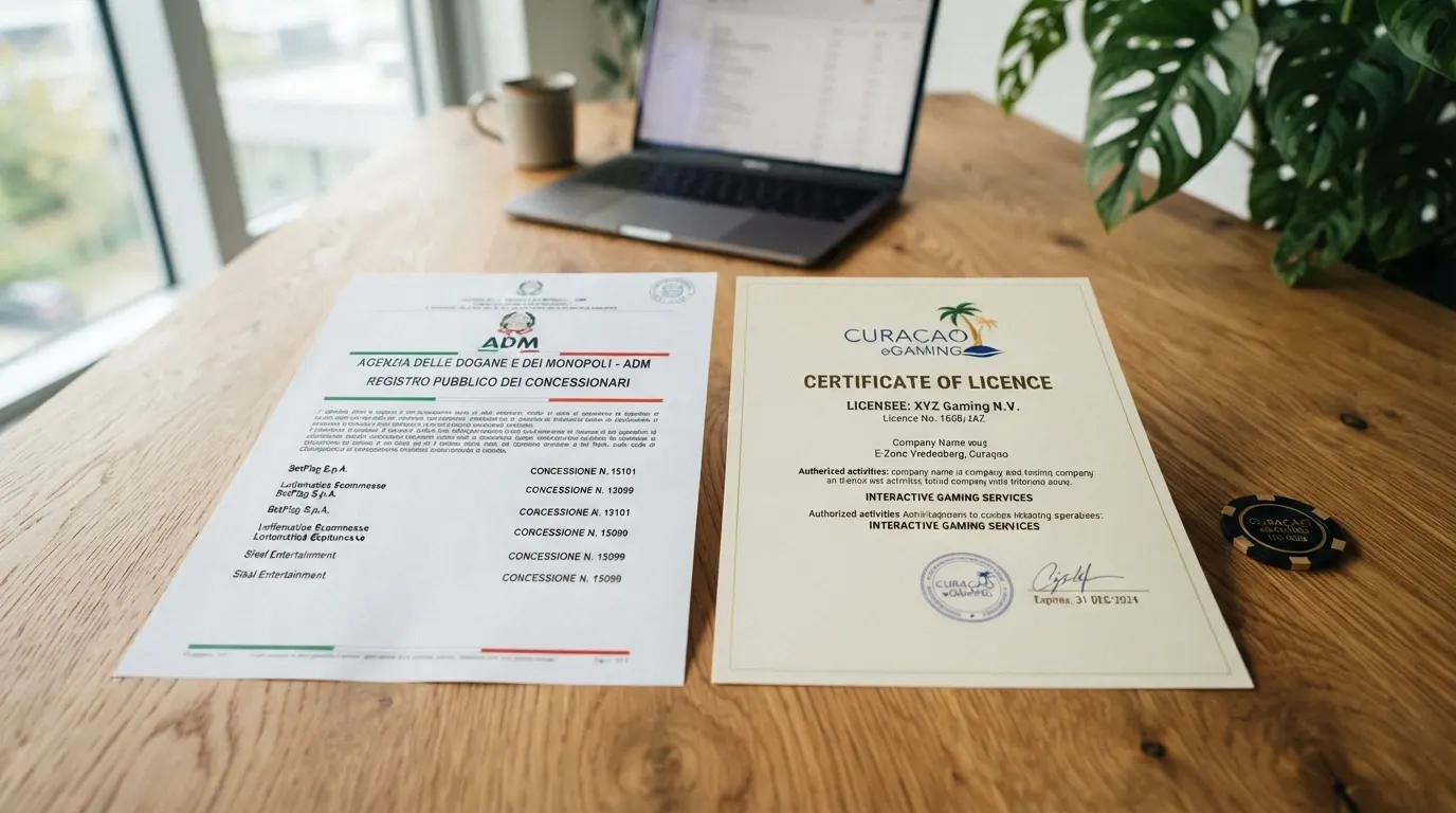 Schermata divisa che mostra da un lato il registro pubblico dei concessionari ADM e dall'altro un certificato di licenza Curaçao eGaming