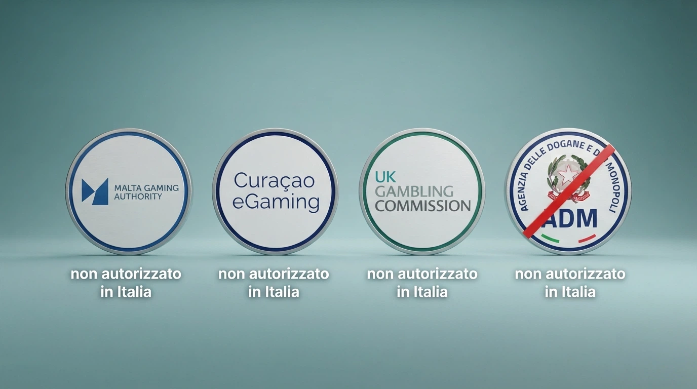 Un confronto visivo tra i sigilli delle principali autorità di licenza: ADM (Agenzia delle Dogane e dei Monopoli) al centro, affiancata da MGA, Curaçao eGaming e UKGC, con l'indicazione «non autorizzato in Italia» sulle tre licenze estere
