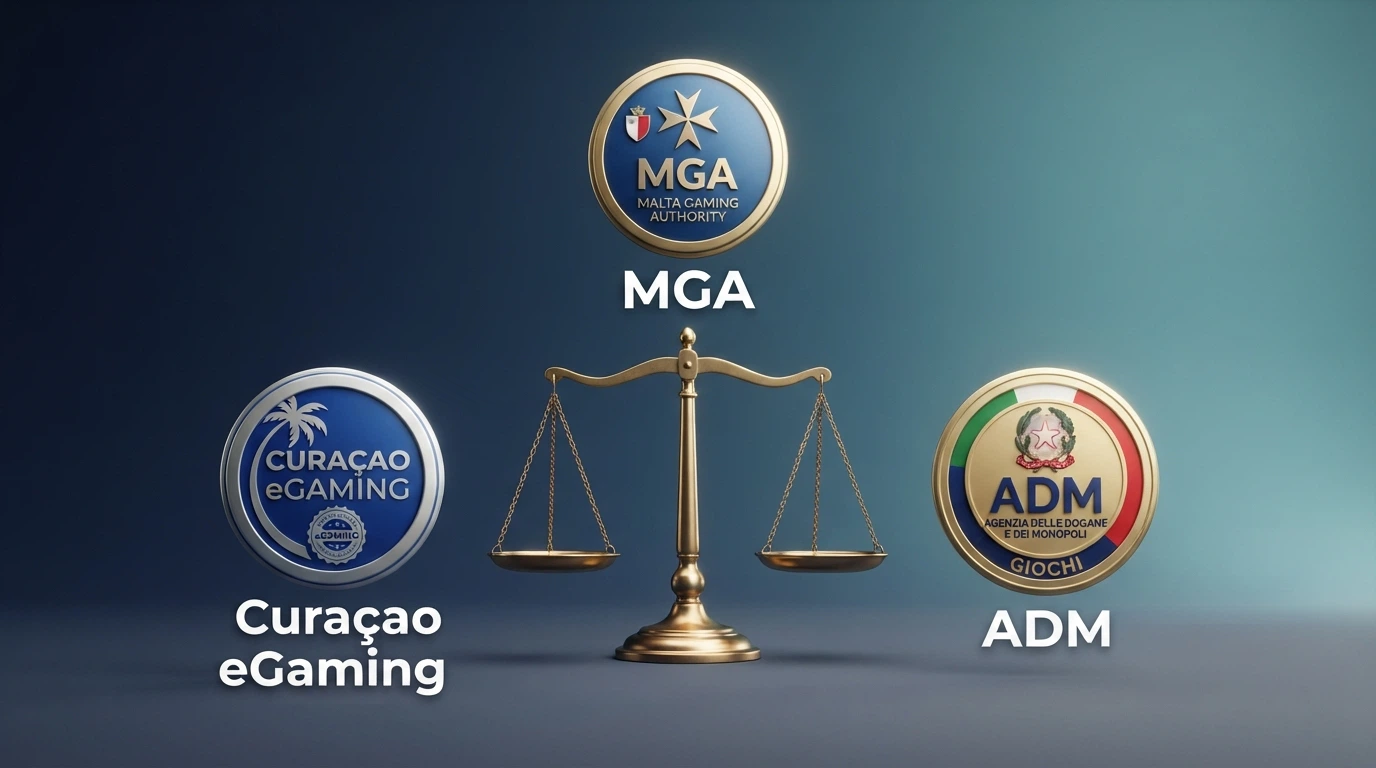 Tre loghi di autorità di regolamentazione (MGA, Curaçao eGaming, ADM) affiancati con una bilancia al centro