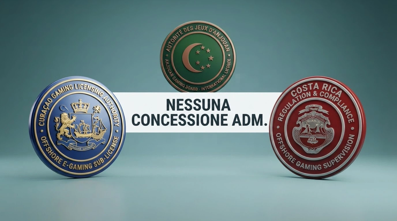Un collage dei sigilli e loghi delle principali giurisdizioni di licenza: Curaçao, Anjouan, Costa Rica, accanto alla dicitura «Nessuna concessione ADM»