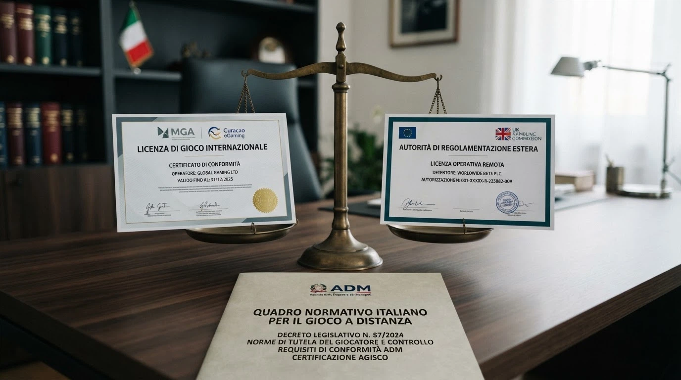 Illustrazione comparativa dei certificati di licenza Curacao e MGA accanto al logo ADM, con una bilancia che rappresenta tutele e rischi