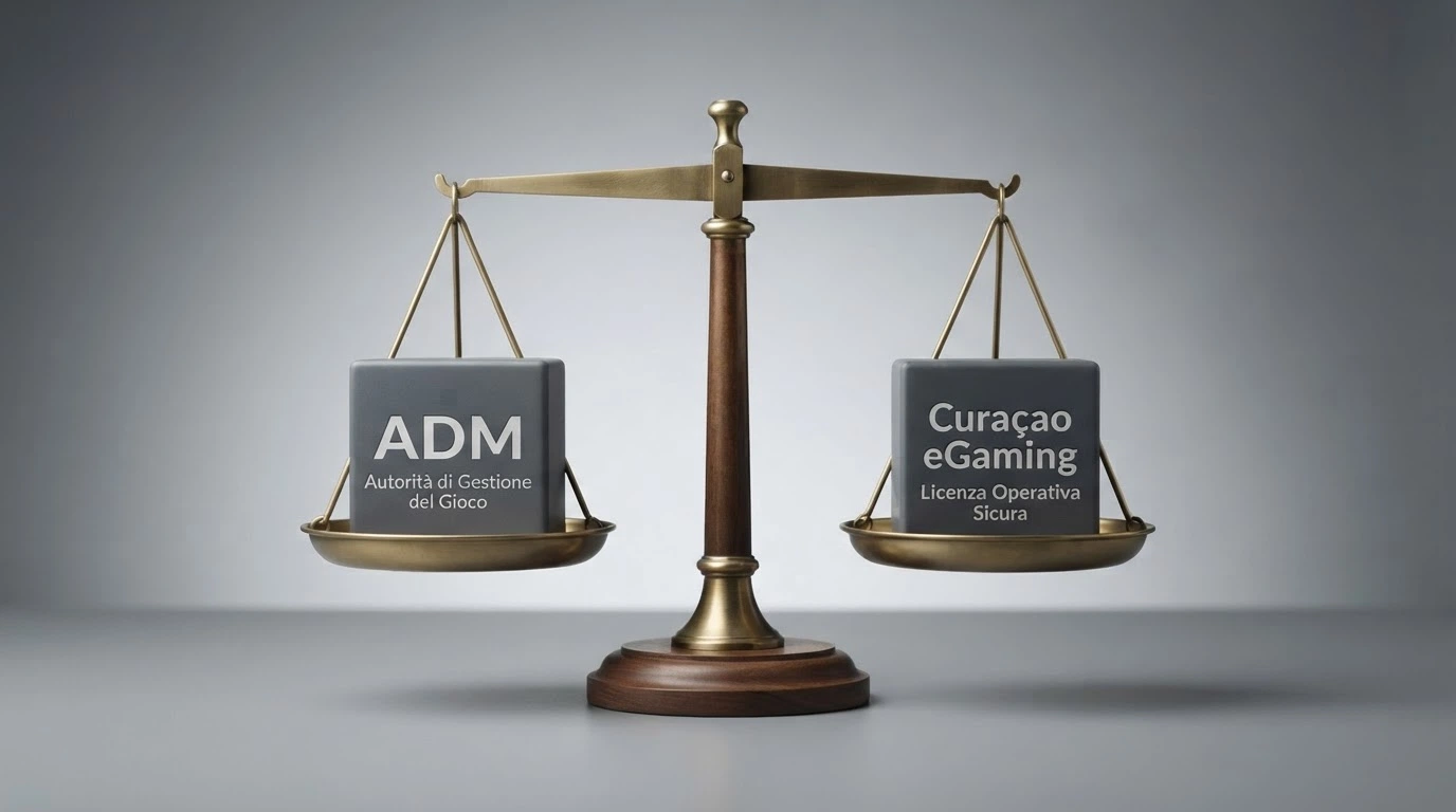 Un collage visivo di sigilli di licenza (ADM, Curaçao eGaming, MGA, UKGC) con una bilancia simbolica al centro