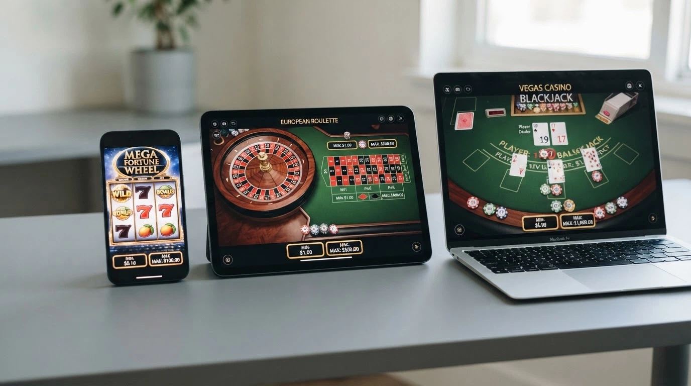 Tre schermate affiancate di slot, roulette e blackjack online con i rispettivi selettori di puntata in evidenza e gli importi minimo e massimo indicati