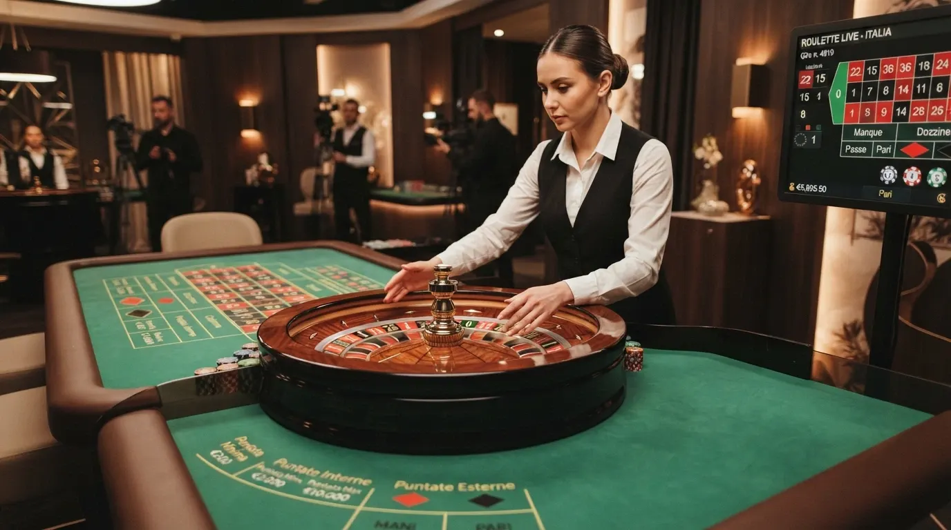 Un tavolo da roulette live con croupier dal vivo in streaming, interfaccia di puntata su schermo e logo Evolution Gaming
