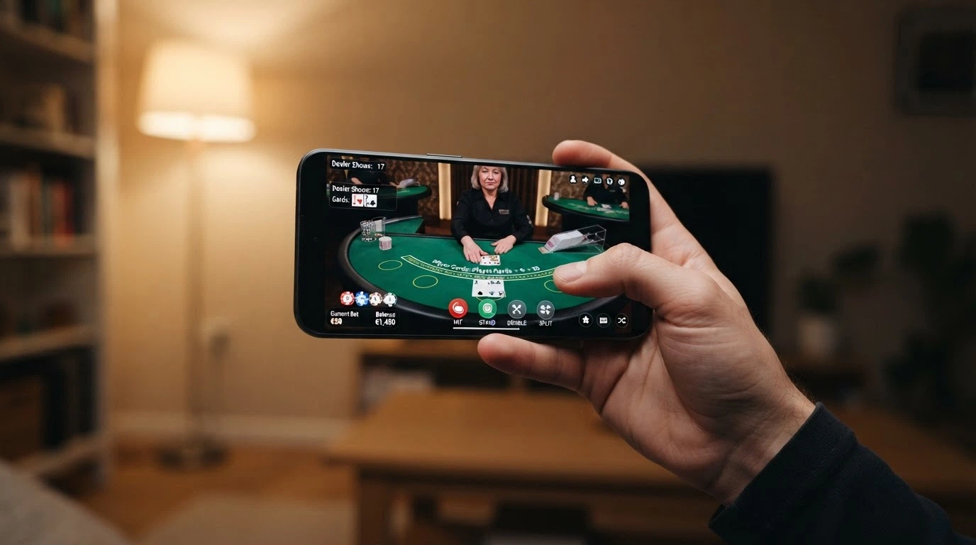 Uno smartphone in orizzontale con un tavolo live di roulette o blackjack in streaming, l'interfaccia touch per le puntate visibile nella metà inferiore dello schermo