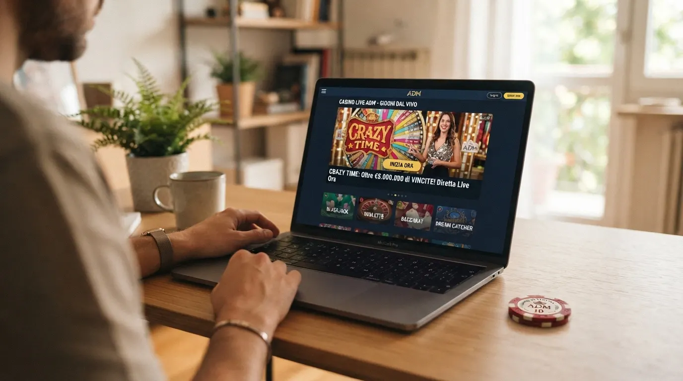 La lobby di un casinò online con licenza ADM che mostra il tavolo Crazy Time tra i giochi live disponibili, con l'interfaccia in italiano