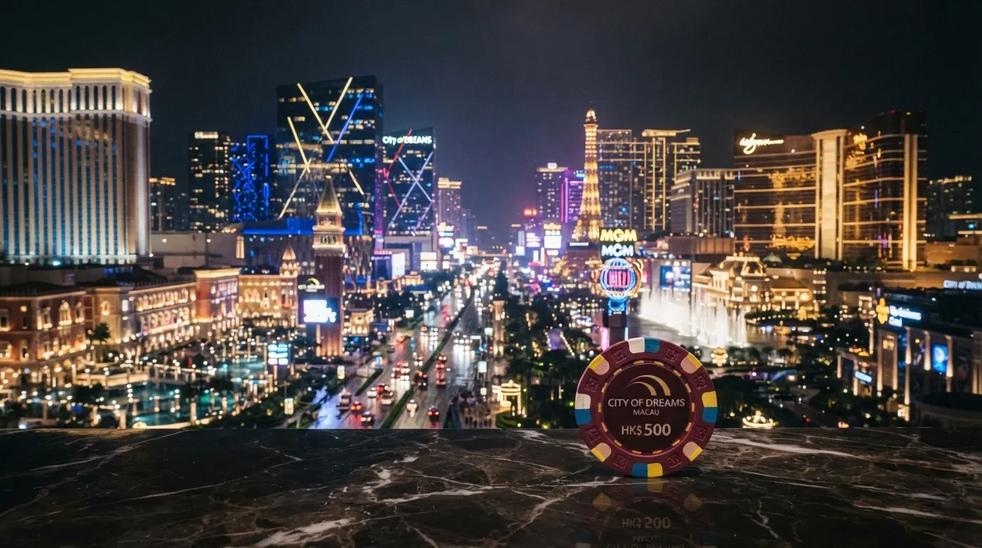 La skyline notturna del Cotai Strip a Macau con i grattacieli dei resort-casinò illuminati