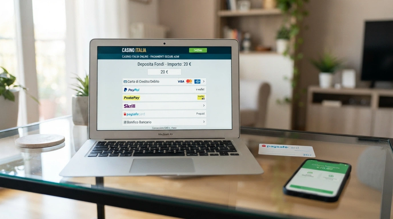 Una schermata di cassa di un casinò online italiano che mostra le opzioni di deposito: PostePay, PayPal, Visa, Skrill e bonifico, con l'importo «20 €» inserito nel campo versamento