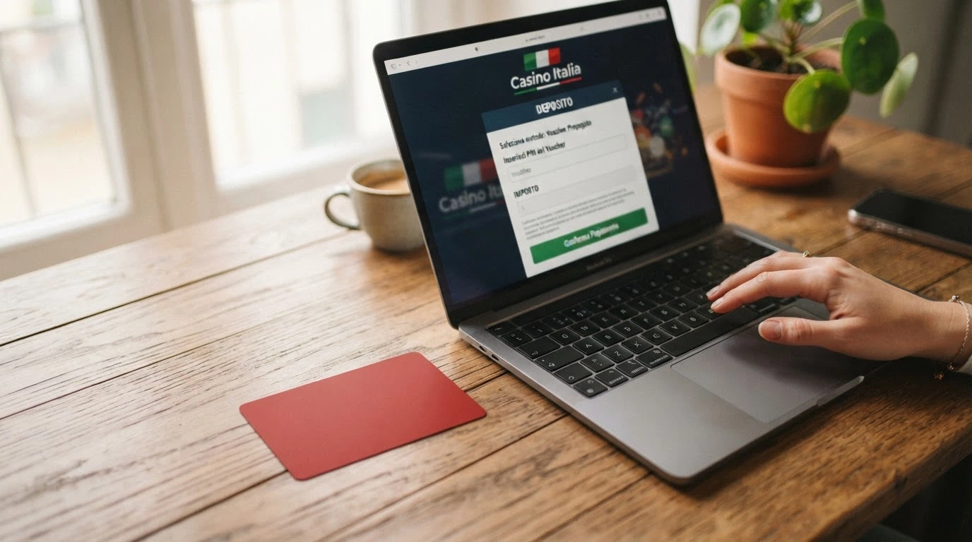 Un tagliando Paysafecard da 10 euro appoggiato sulla tastiera di un laptop, con lo schermo che mostra la schermata di deposito di un casinò