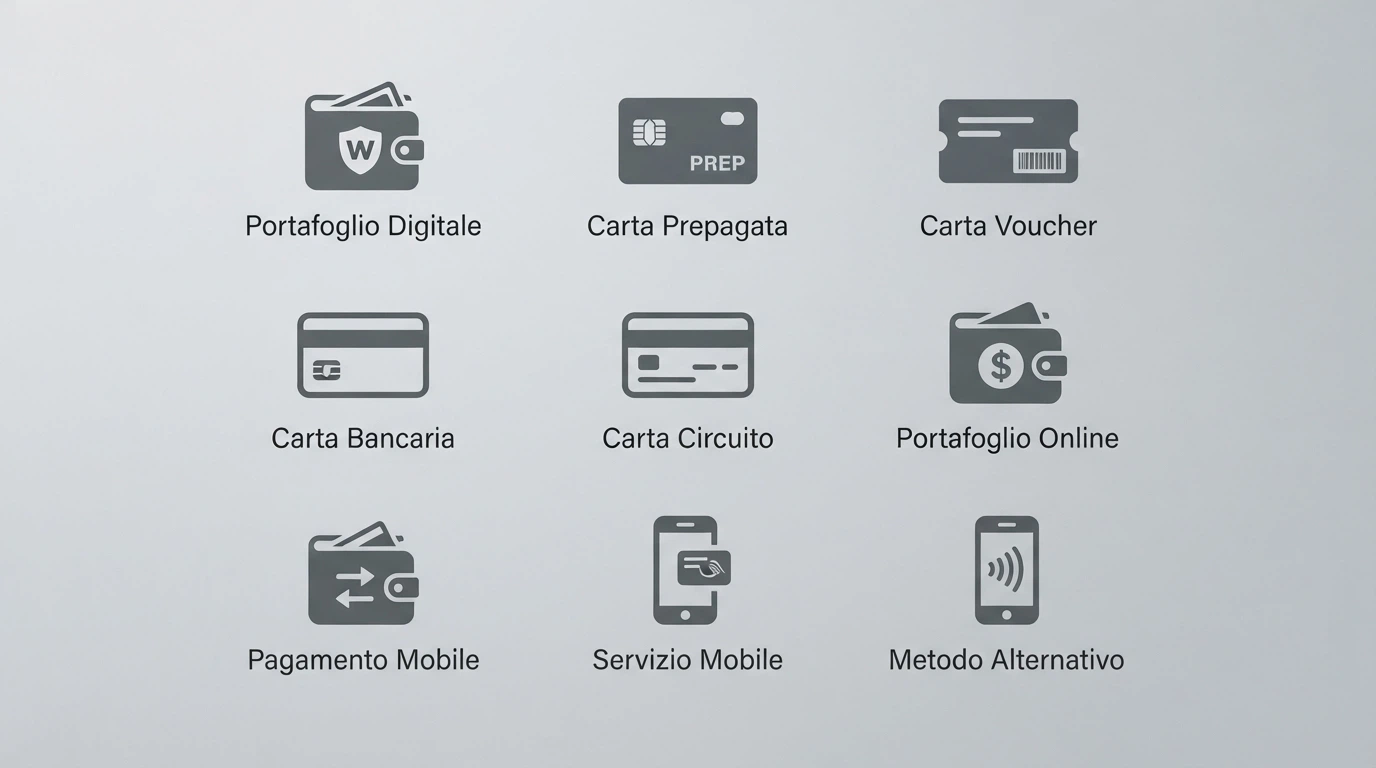 Le icone dei metodi di pagamento accettati nei casino ADM per un deposito di 10€: PayPal, Postepay, Paysafecard, Visa, Mastercard, Skrill, Neteller, Apple Pay e Google Pay disposti su una griglia pulita.
